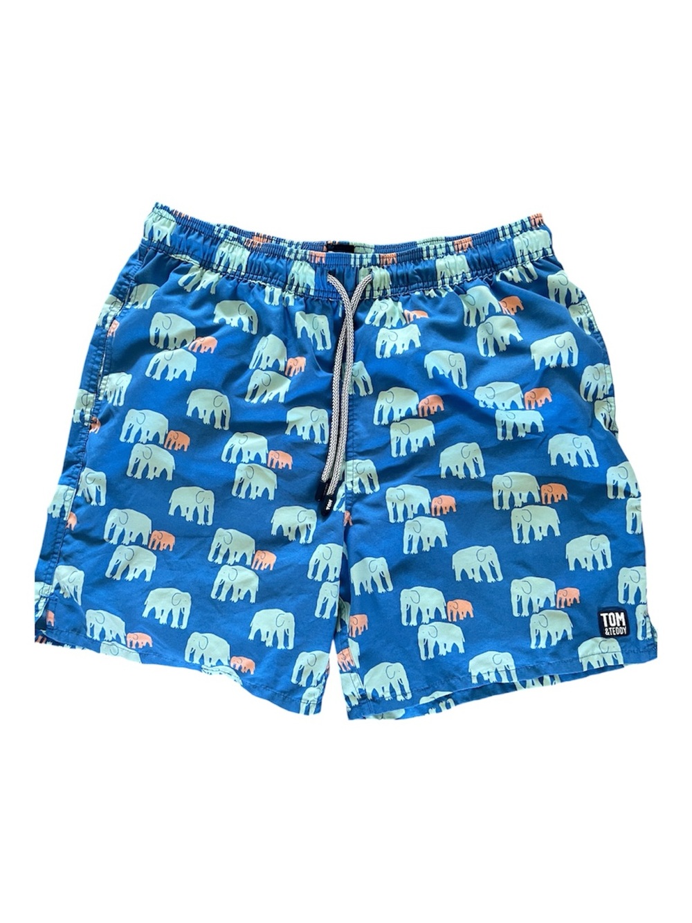 Tom & Teddy Blue Swim Shorts with Light Blue and Coral Elephant Print